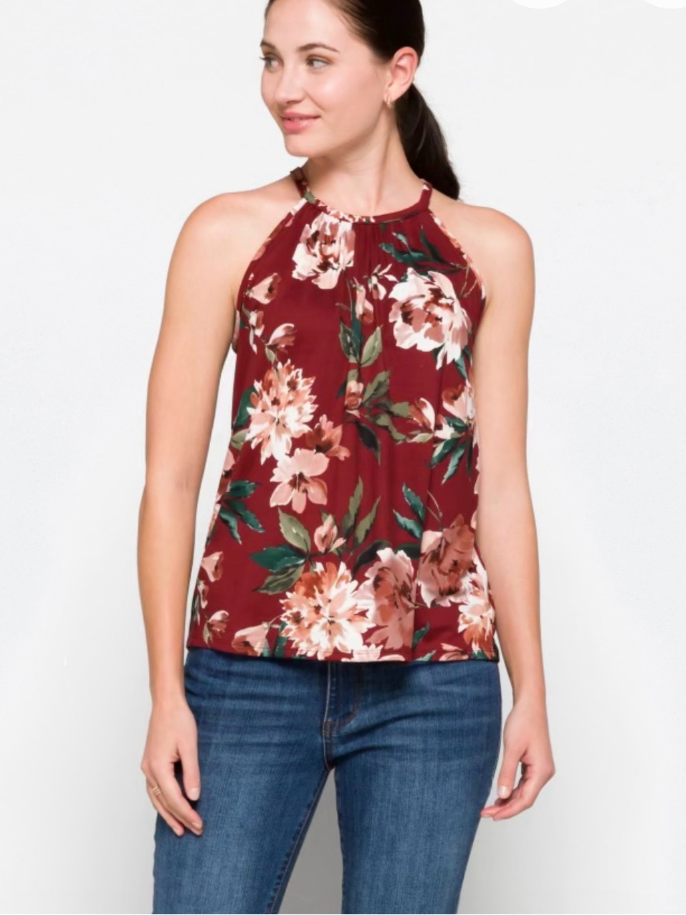 Floral Halter Tank Top - Burgundy, M